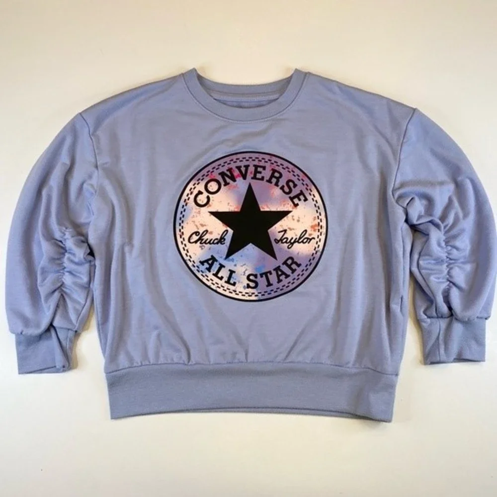 Converse Chuck Taylor Patch Ruched Graphic Sweatshirt Girls Small Blue Graphic